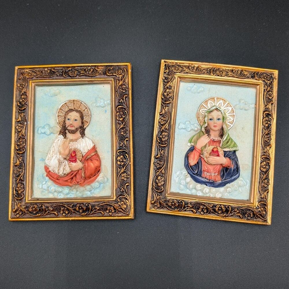 Sacred Heart Jesus & Immaculate Mary 3D Relief Framed Wall Plaques Set of 2